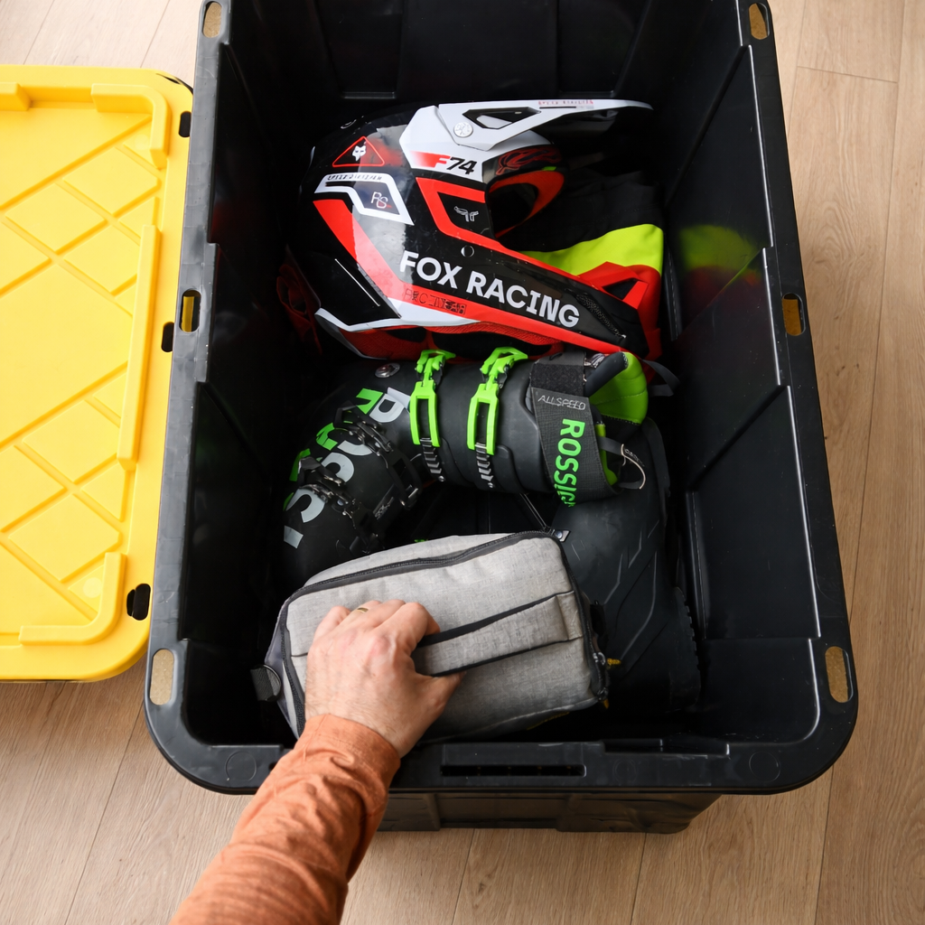 Person packing items into a storage tote